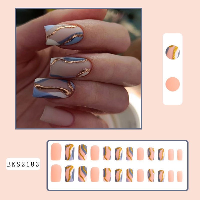 24pcs Blue and Gold Pop Line Wear Nail, Dubai Style Fake Nail