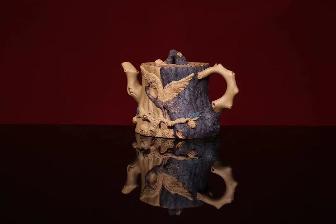 Chinese wood carving pine red-crowned crane teapot"Handcrafted Tricolor Pine Stump Teapot with Carved Pine and Crane Designs"