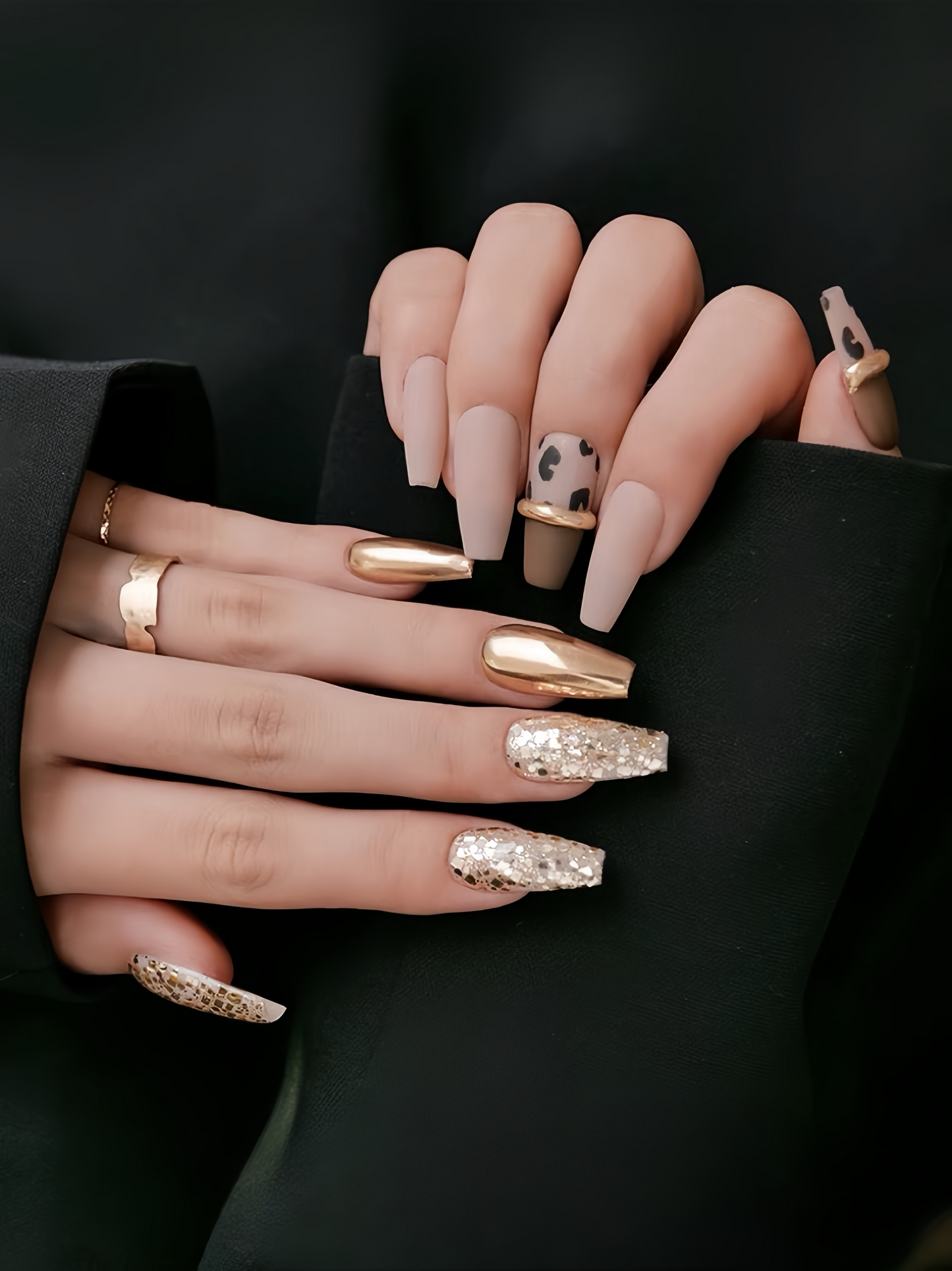 10pcs Party Style Gold and Leopard Print Fake Nails Handmade Press On Nails Dubainailsalon