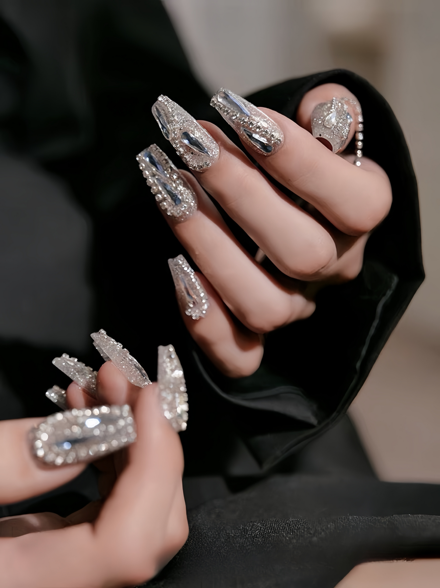 10pcs Party Queen Style Silver Glitter Diamond False Nails Wedding and Party Handmade Custom