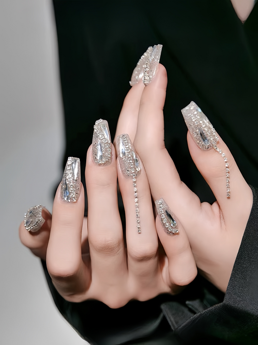 10pcs Party Queen Style Silver Glitter Diamond False Nails Wedding and Party Handmade Custom