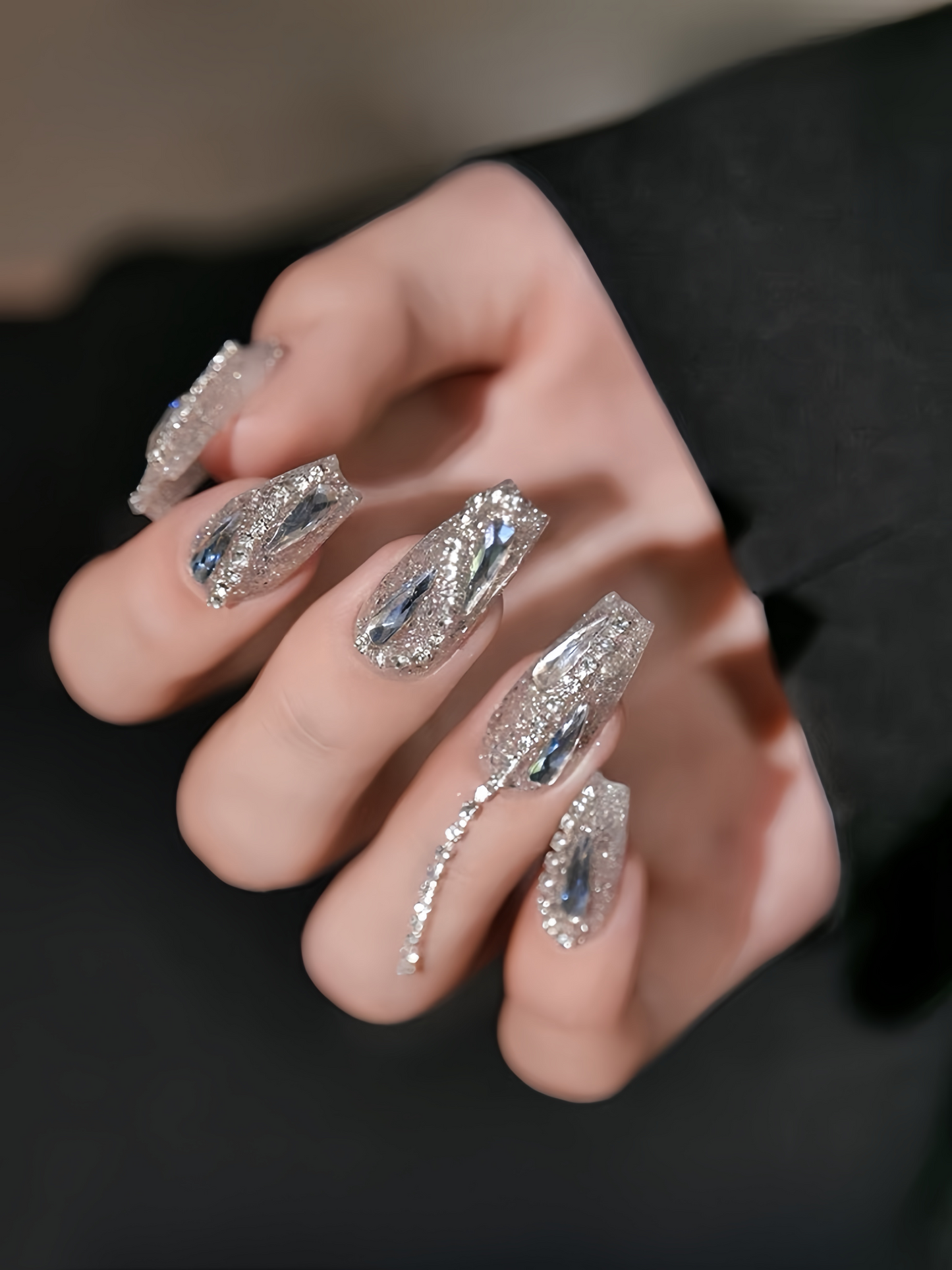 10pcs Party Queen Style Silver Glitter Diamond False Nails Wedding and Party Handmade Custom