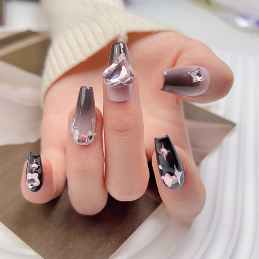 black pink Press on 10pcs Nail Long Fake Nails withDesign Coffin Stick on Nails for Women Finish Nail Art with Design