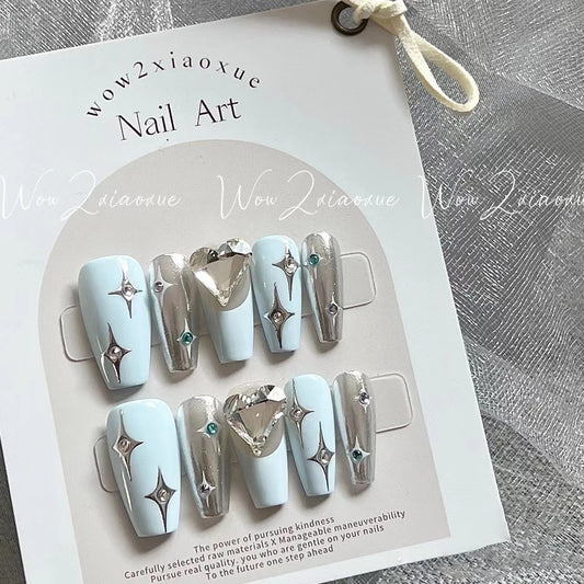 Sky Blue and Silver Star Pattern and Crystal Shiny Fake Nails Removable Press On Nails10 pcs